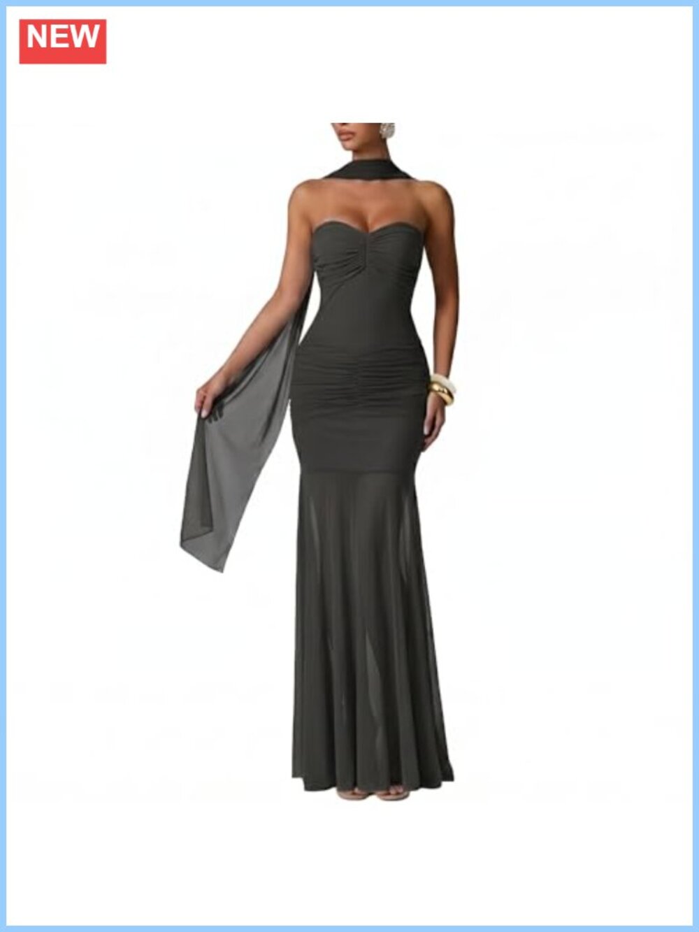 Ruched Bodycon Mermaid Maxi Dress with Attached Neck Scarf